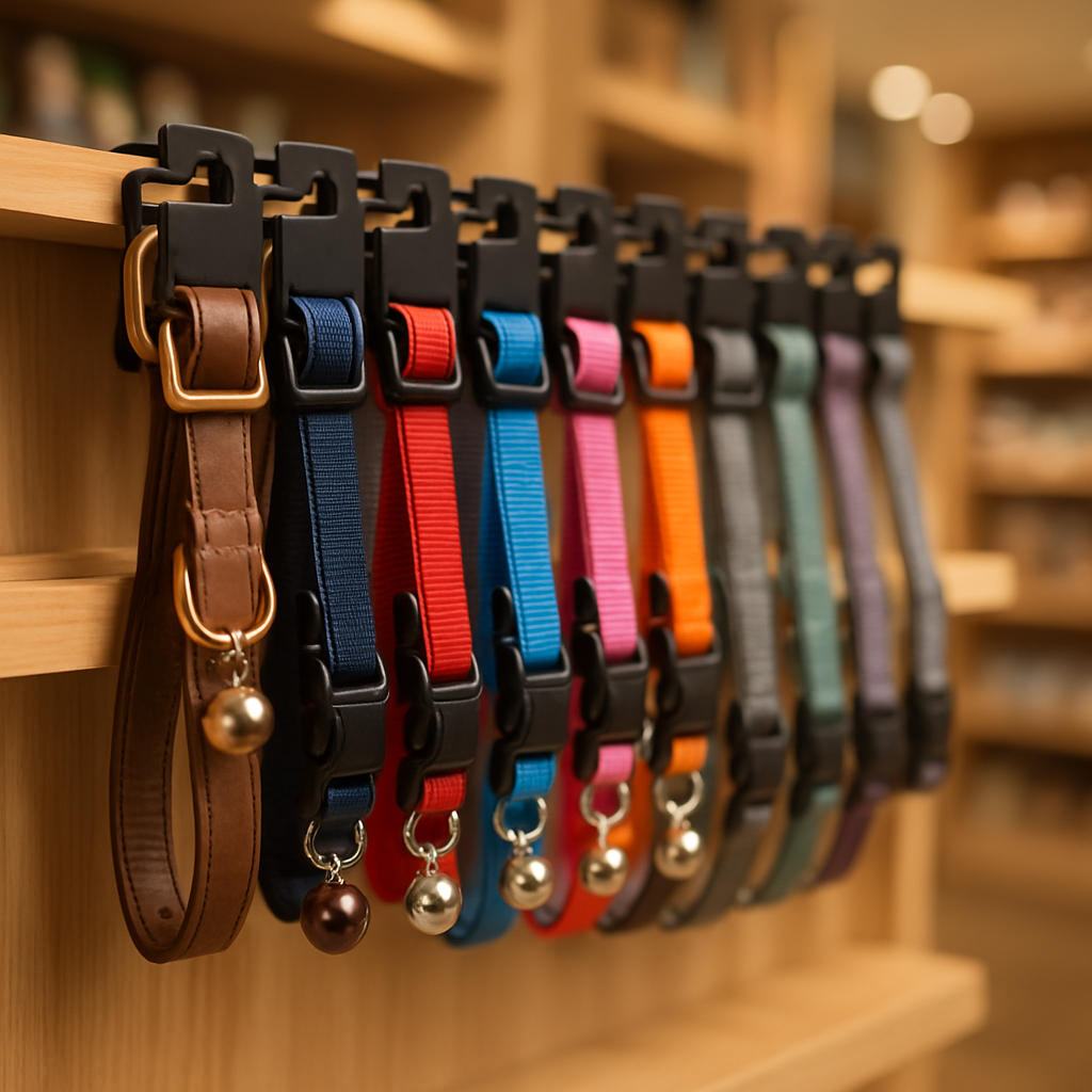 Estilo e Funcionalidade: Descubra as Novas Coleiras para Gatos 3 Variedade de coleiras para gatos em loja de pet shop