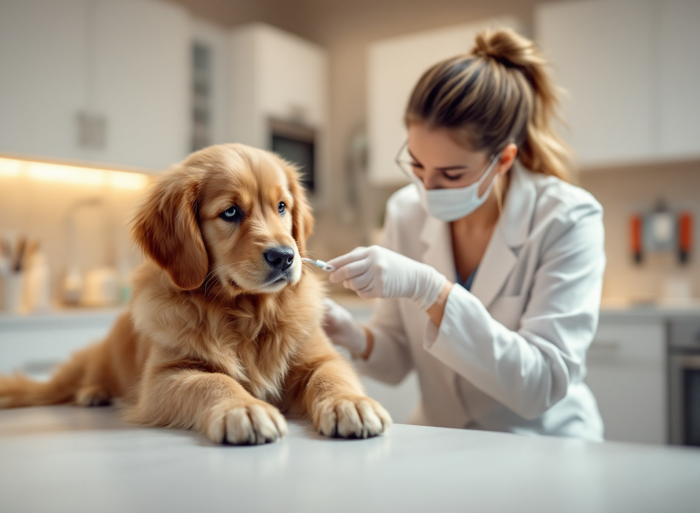 Seu Cão Pode Estar em Risco: Tudo o que Você Precisa Saber sobre Parvovirose Canina Agora 4 veterinária aplicando vacina contra parvovirose em filhote durante consulta preventiva