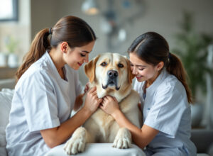 veterinária aplicando vacina V10 em filhote de labrador em clínica veterinária com luz natural
