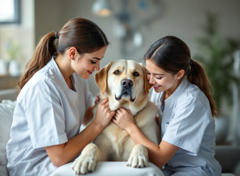 veterinária aplicando vacina V10 em filhote de labrador em clínica veterinária com luz natural