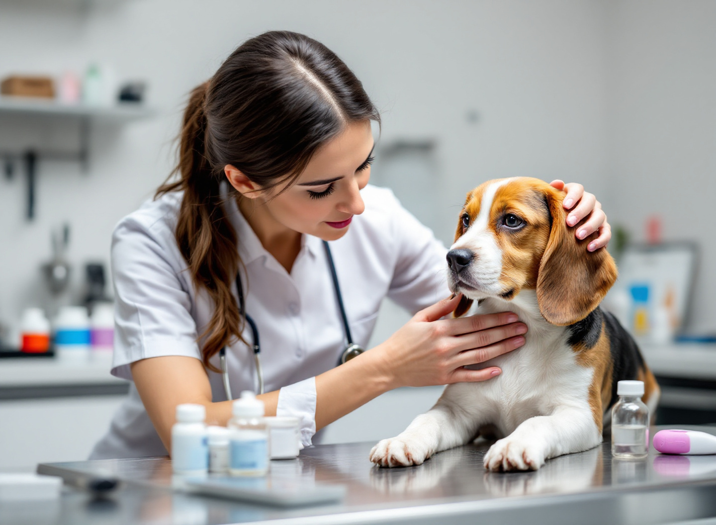 Qual remédio realmente mata vermes em cães? A versão atualizada que compara eficácia, preço e efeitos colaterais 3 Veterinária examinando filhote durante consulta de vermifugação e diagnóstico de parasitas