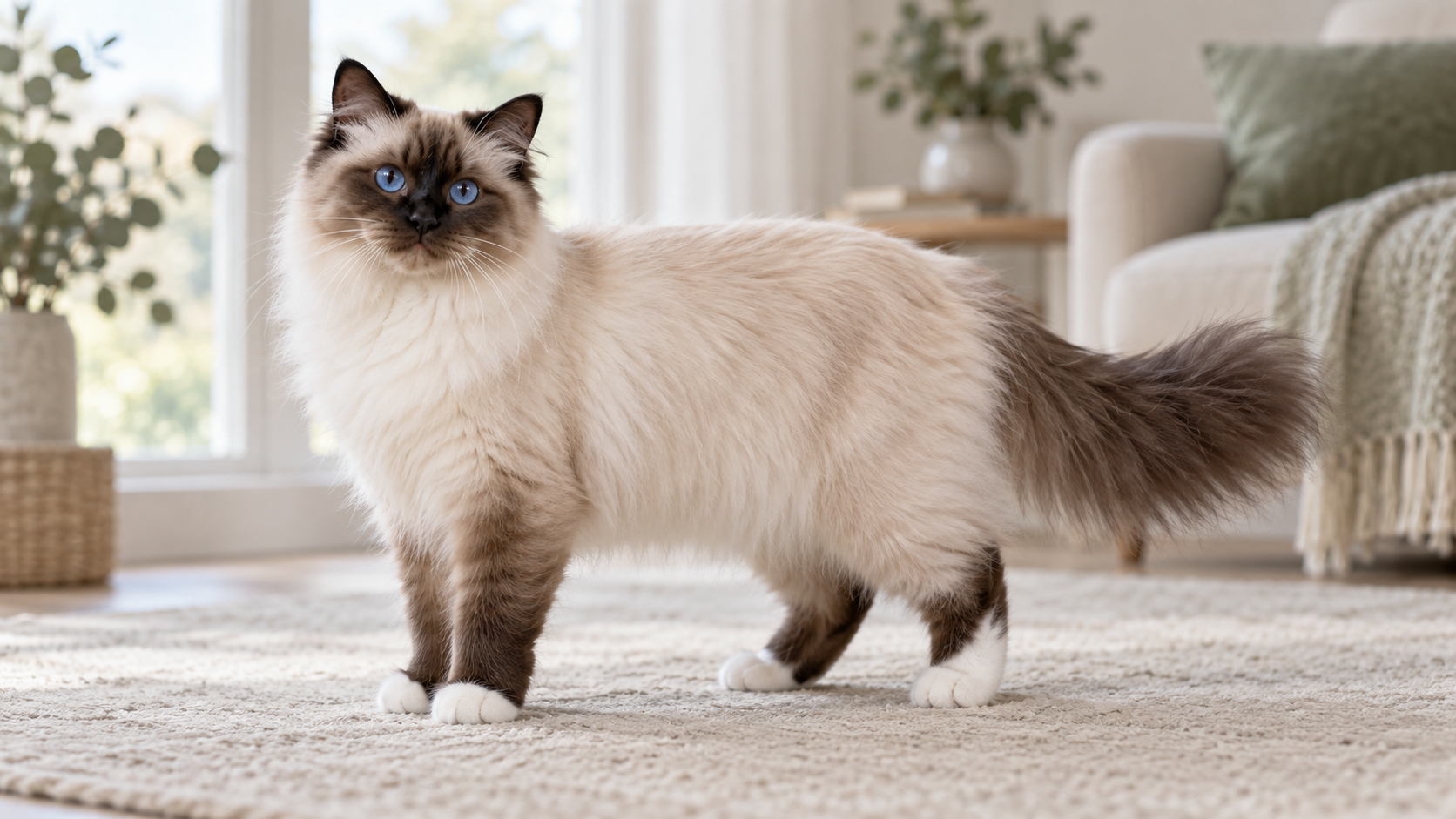 Características físicas do Gato Birmanês, incluindo olhos azuis e patas brancas.