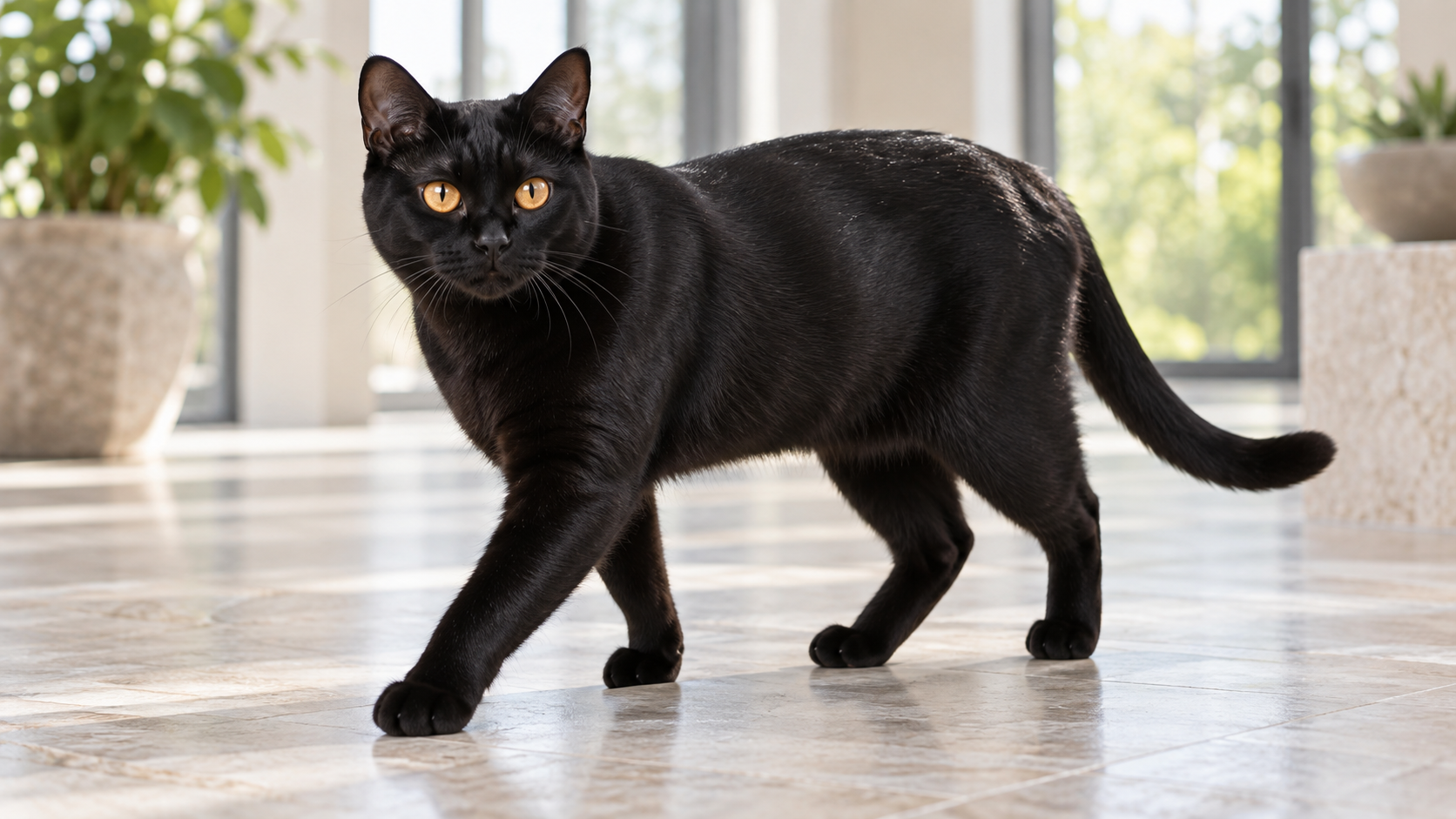 Por que o Bombaim é o Gato Preto Mais Procurado: Tudo sobre a Raça que Parece uma Pantera em Miniatura 2 Características físicas do Gato Bombaim, com corpo musculoso, pelagem preta e olhos dourados