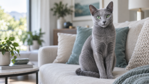 Gato Azul Russo de olhos verdes e pelagem azul-acinzentada em uma sala elegante.