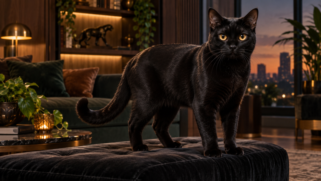 Por que o Bombaim é o Gato Preto Mais Procurado: Tudo sobre a Raça que Parece uma Pantera em Miniatura 1 Gato Bombaim de pelagem preta brilhante e olhos acobreados em ambiente elegante