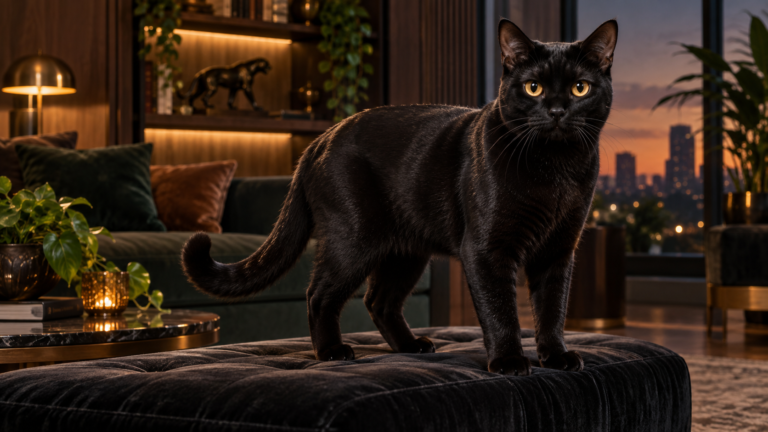 Gato Bombaim de pelagem preta brilhante e olhos acobreados em ambiente elegante