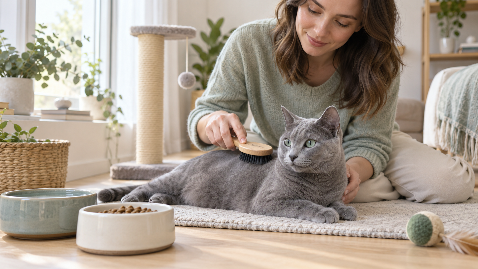 Tutora escovando um Gato Azul Russo em ambiente relaxante.
