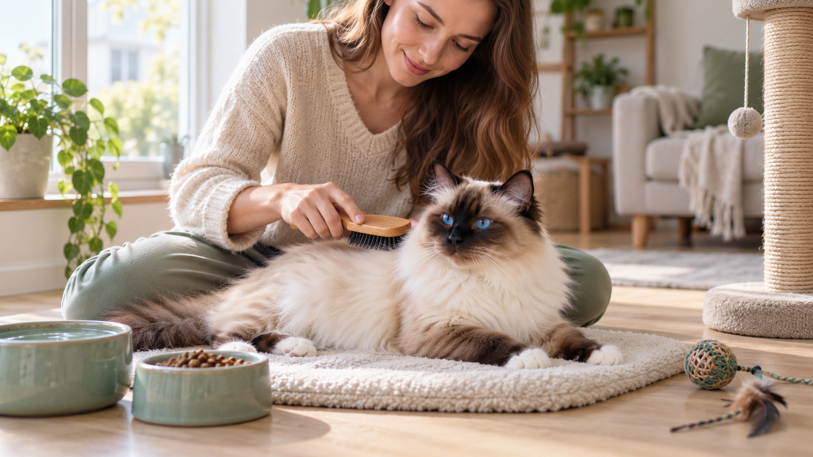 Tutora escovando a pelagem de um Gato Birmanês em ambiente tranquilo.