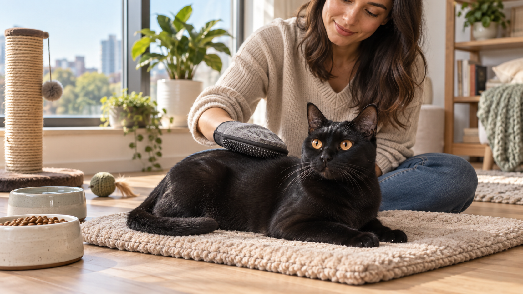 Por que o Bombaim é o Gato Preto Mais Procurado: Tudo sobre a Raça que Parece uma Pantera em Miniatura 4 Tutora realizando a escovação da pelagem de um Gato Bombaim