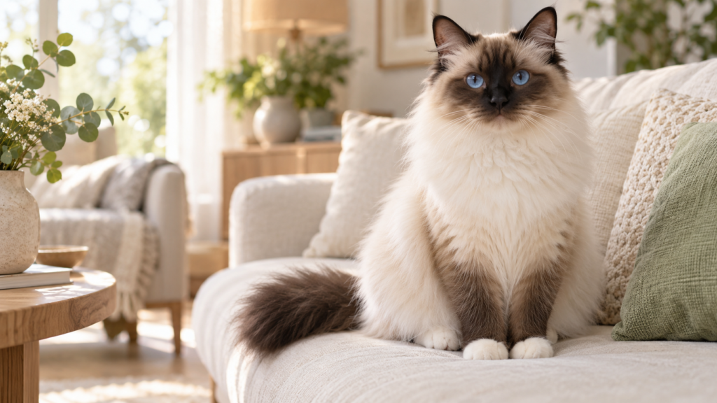 Gato Birmanês de olhos azuis, pelagem colorpoint e patas com luvas brancas