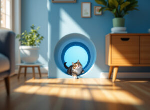 Gato cinzento explorando túnel colorido em sala aconchegante com luz natural dourada