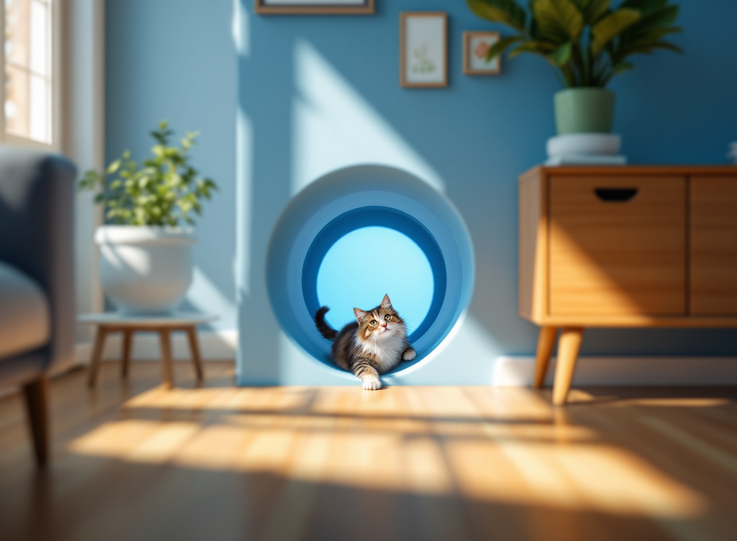 Túnel para Gatos: Como Escolher o Modelo Perfeito para Enriquecer o Ambiente do Seu Pet 2 Gato cinzento explorando túnel colorido em sala aconchegante com luz natural dourada