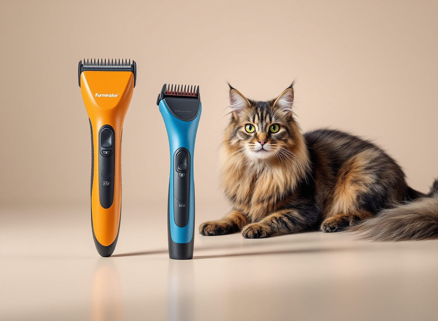 Comparação de modelos diferentes de Furminator para gatos com gato de fundo observando os produtos