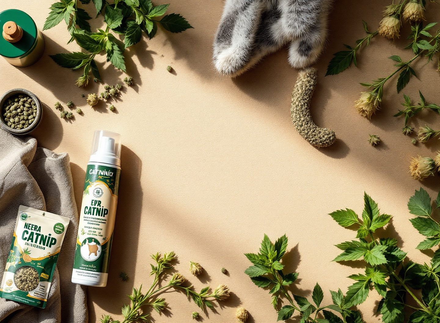Catnip Realmente Funciona? O Guia Definitivo sobre Efeitos e Segurança para seu Gato 4 Diferentes formas de apresentação de catnip para gatos: seco, brinquedos e spray