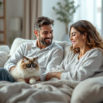 casal adulto com ragdoll em poltrona branca, ambiente doméstico aconchegante, convivência harmoniosa