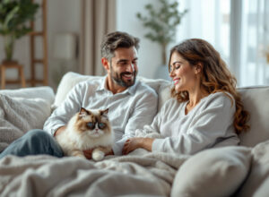 casal adulto com ragdoll em poltrona branca, ambiente doméstico aconchegante, convivência harmoniosa