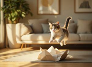 gato em ação de salto capturando brinquedo caseiro de papel com barbante em sala aconchegante com luz natural dourada