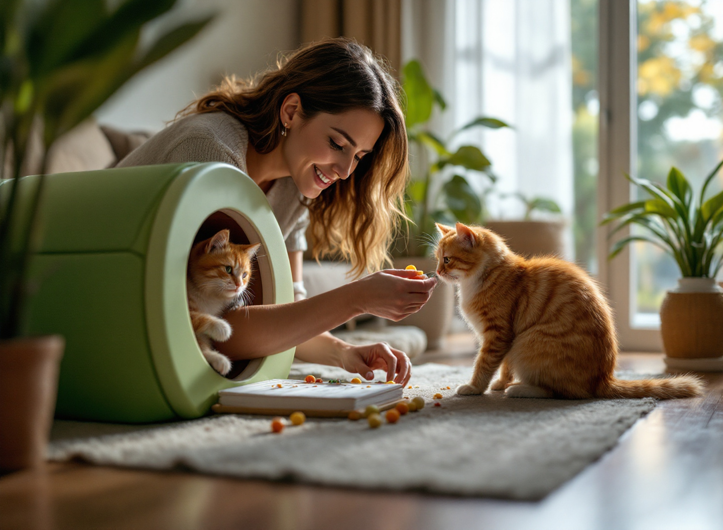 Túnel para Gatos: Como Escolher o Modelo Perfeito para Enriquecer o Ambiente do Seu Pet 4 Mulher introduzindo túnel para gatos ao seu pet com brinquedo de pluma em ambiente doméstico aconchegante