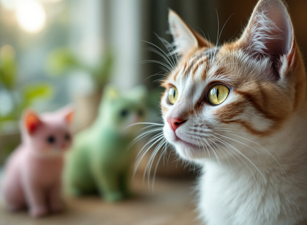 gato observando bolinhas coloridas em ambiente de casa