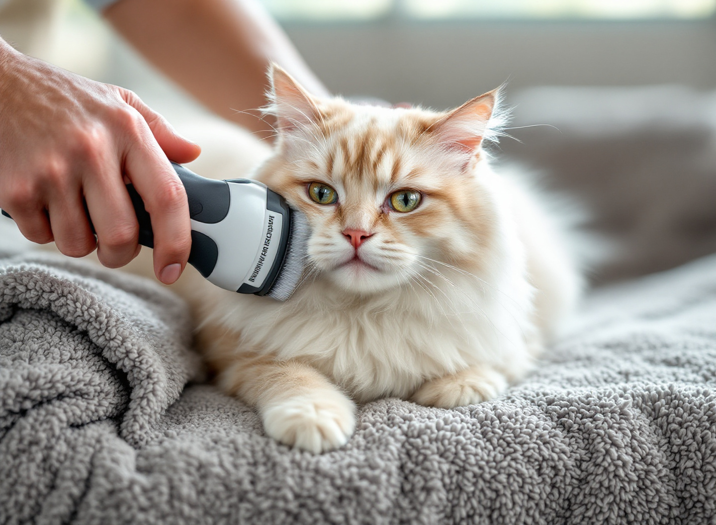 Close-up de Furminator removendo pelos de gato Persa com técnica correta e gato relaxado