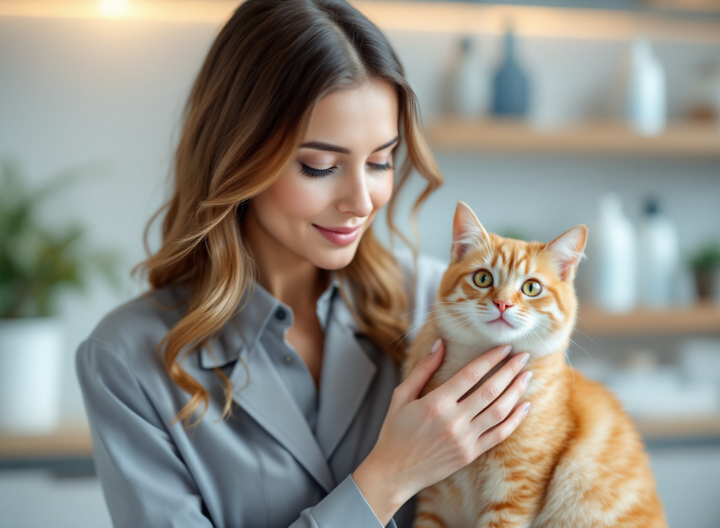 Tendências Emergentes: Tudo para Gatos que Mudou a Forma como Donos Cuidam de Seus Felinos 3 Mão posicionando coleira inteligente em gato laranja durante consulta veterinária