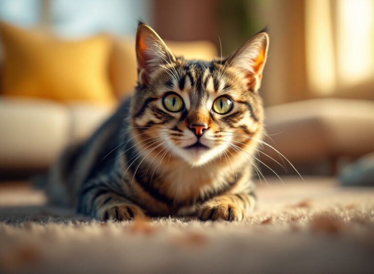 gato tabby cinzento com expressão de predação segurando ratinho de brinquedo realista em ambiente de sala de estar com luz natural dourada