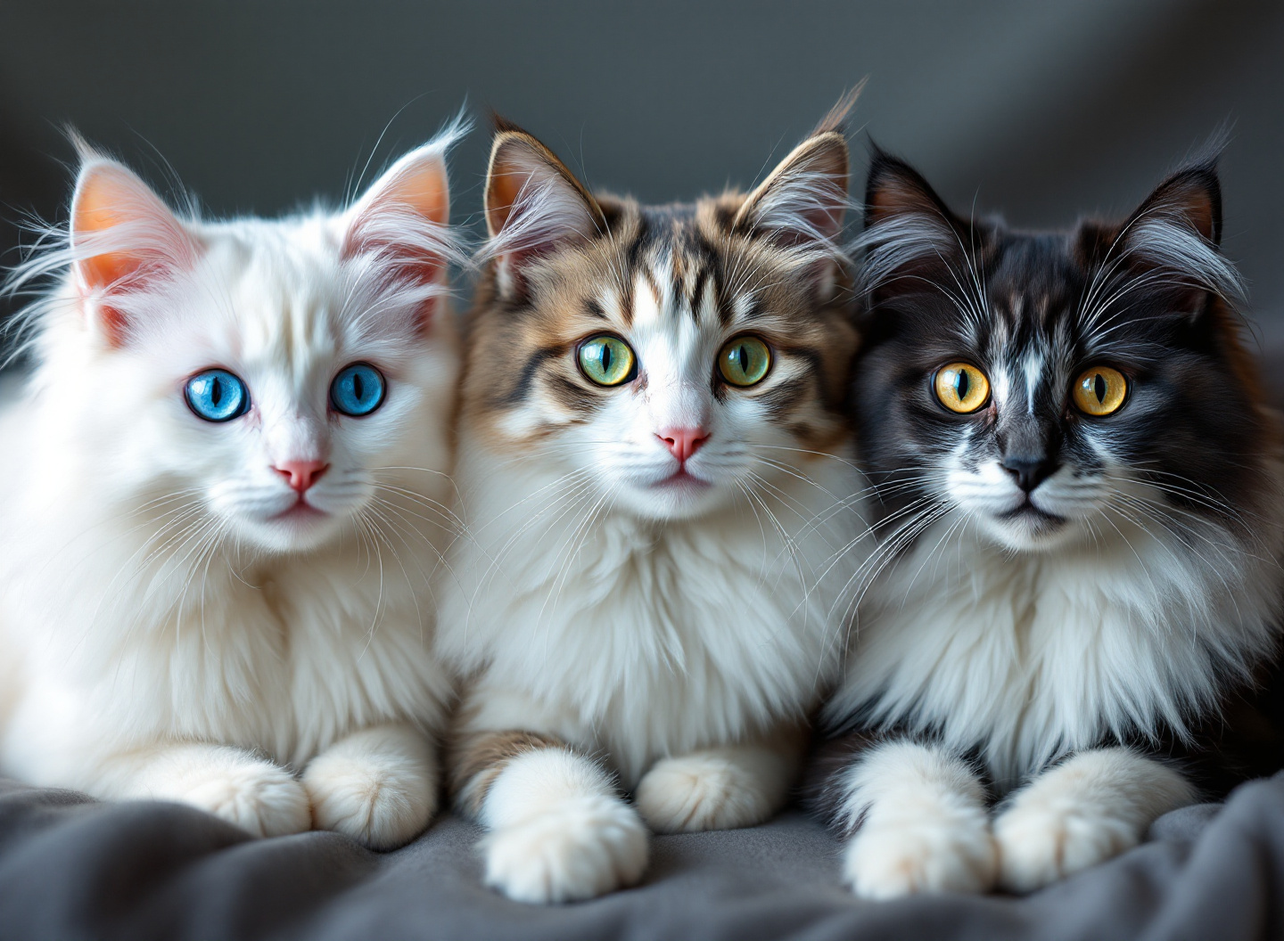 Três gatos Angora de cores diferentes: branco, cinza e preto, em close-up