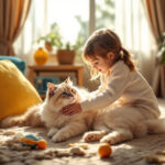 Criança brincando com gato siberiano em sala de estar, demonstrando temperamento dócil e lealdade da raça