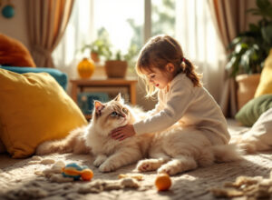 Criança brincando com gato siberiano em sala de estar, demonstrando temperamento dócil e lealdade da raça