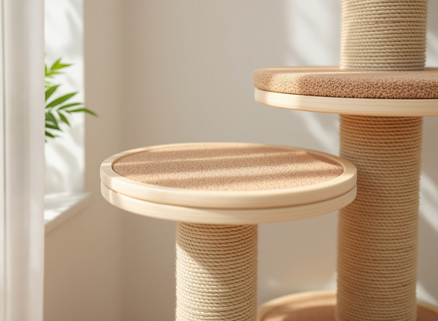 detalhe estrutural de torre gato com plataformas e colunas de sisal natural