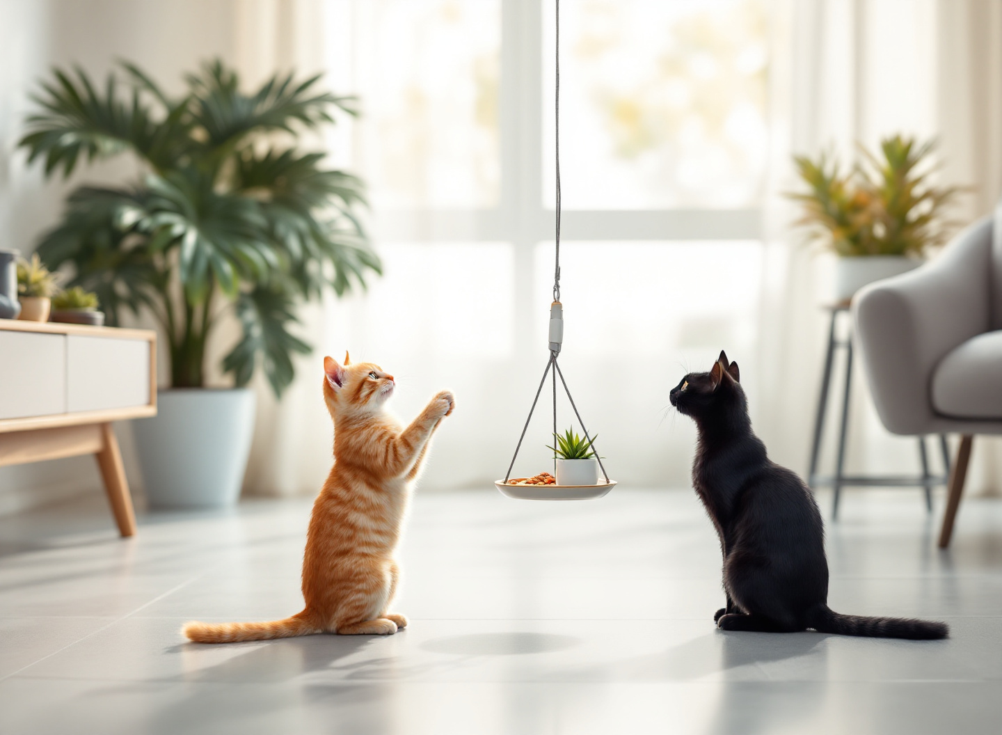 Dois gatos brincando com brinquedo de pena em sala moderna bem iluminada