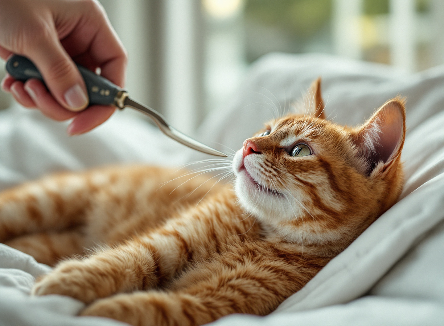 Efeito transformador: como a escova certa consegue reduzir queda de pelos e acalmar gatos ansiosos 3 Close-up de escova de metal removendo pelos de gato laranja em cama confortável