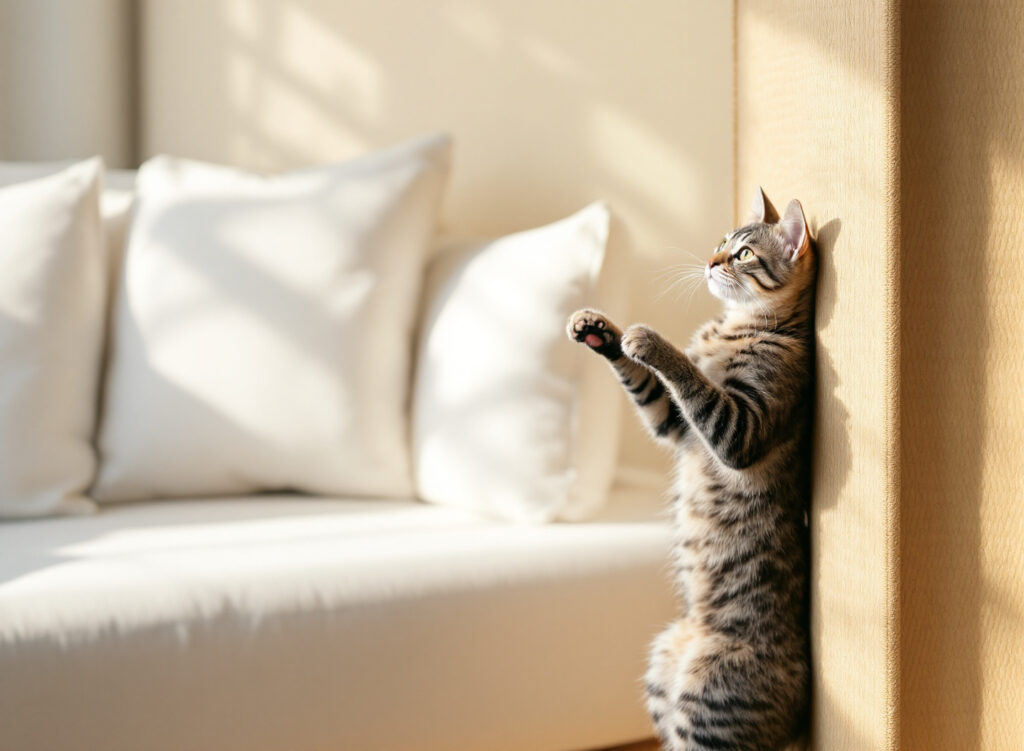 Móveis intactos ou gato feliz? O guia definitivo de arranhadores que resolve os dois problemas ao mesmo tempo 1 gato cinza arranhando arranhador de sisal em sala de estar com sofá ao fundo