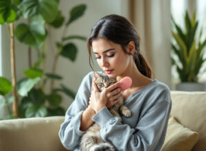 Mulher escovando gato cinzento com escova de silicone em ambiente aconchegante com luz natural