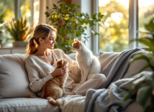 Mulher observando gato interagindo com árvore vertical enriquecida em sala moderna
