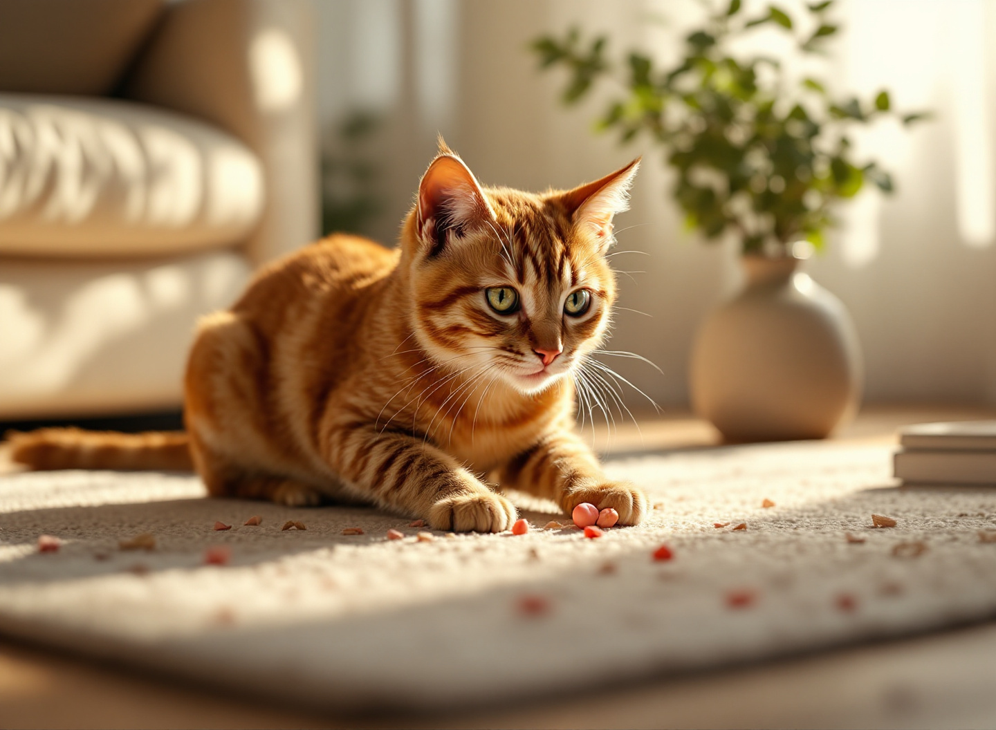 Gato perseguindo rato de brinquedo em sala aconchegante com luz natural, estimulando instinto predatório felino