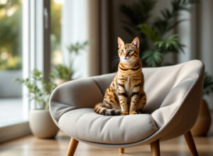 Gato Bengal com padrão de rosetas em sala moderna bem iluminada, demonstrando elegância e porte felino