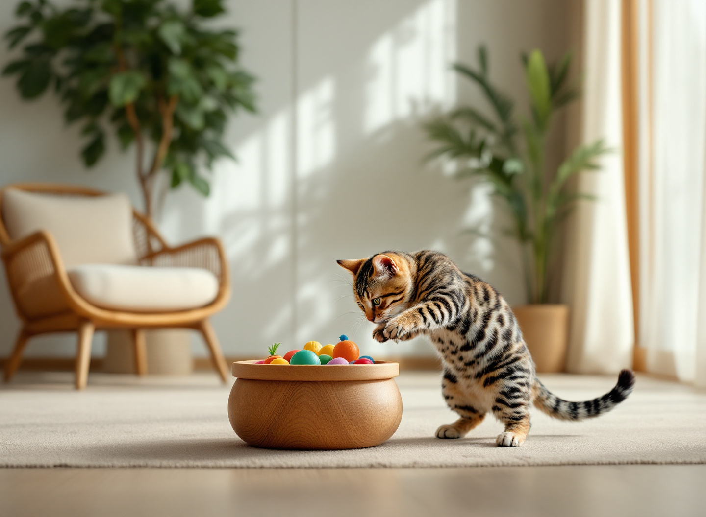 Gato Bengal saltando e brincando com brinquedo em ambiente doméstico luminoso e enriquecido