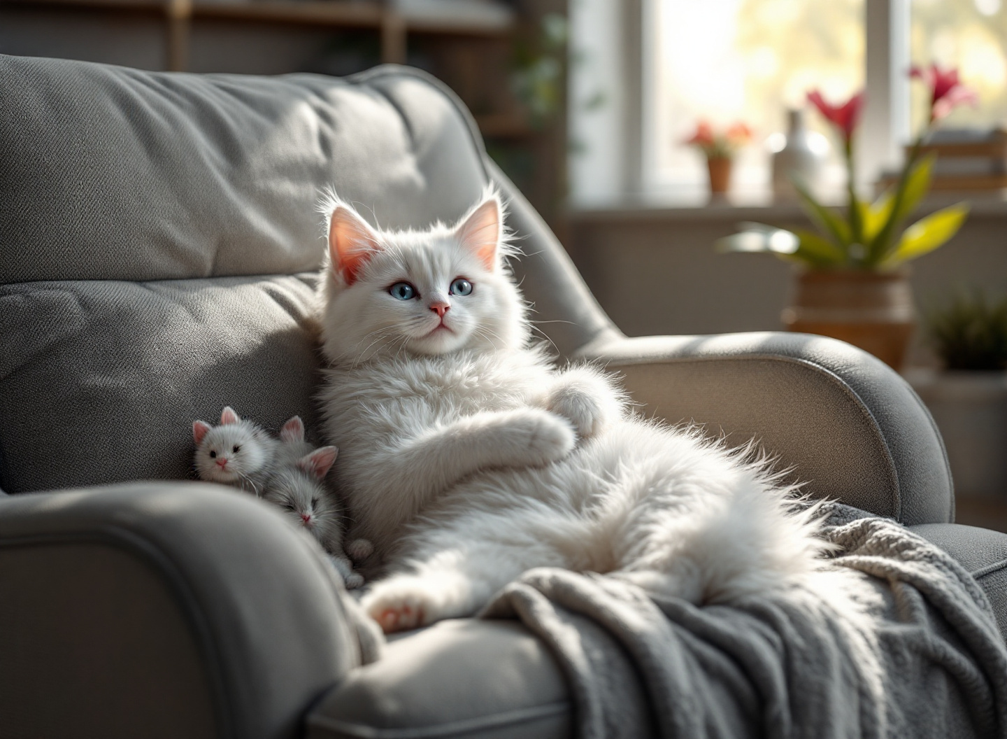 Gato descansado após brincadeira com rato de brinquedo em ambiente aconchegante, mostrando bem-estar e satisfação felina