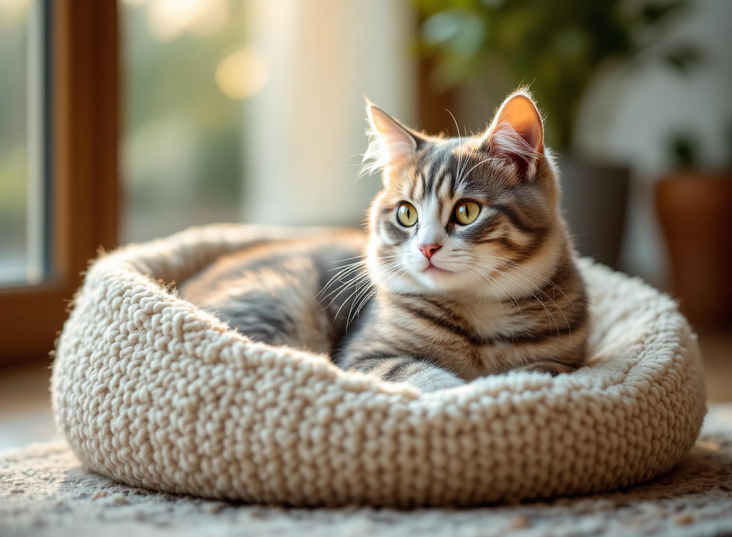 Segurança e Aconchego: Por que veterinários recomendam tocas para gatos em ambientes estressantes 2 Gato relaxado dentro de toca cinzenta em ambiente aconchegante com iluminação natural