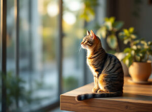 gato em plataforma elevada de torre para gatos com vista para sala