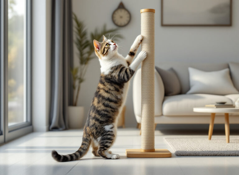 gato cinzento arranhando sisal vertical em sala aconchegante com iluminação natural