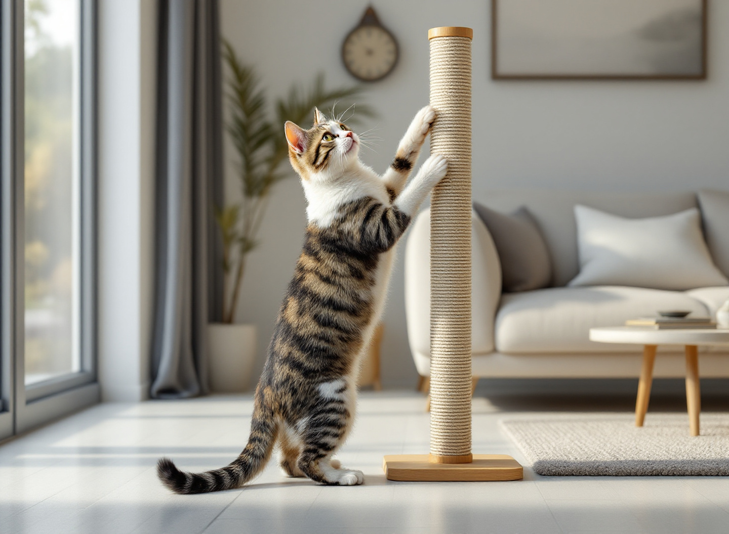 Seu Gato Está Destruindo Móveis? Descubra Como Fazer Arranhadores que Ele Realmente Vai Usar 2 gato cinzento arranhando sisal vertical em sala aconchegante com iluminação natural