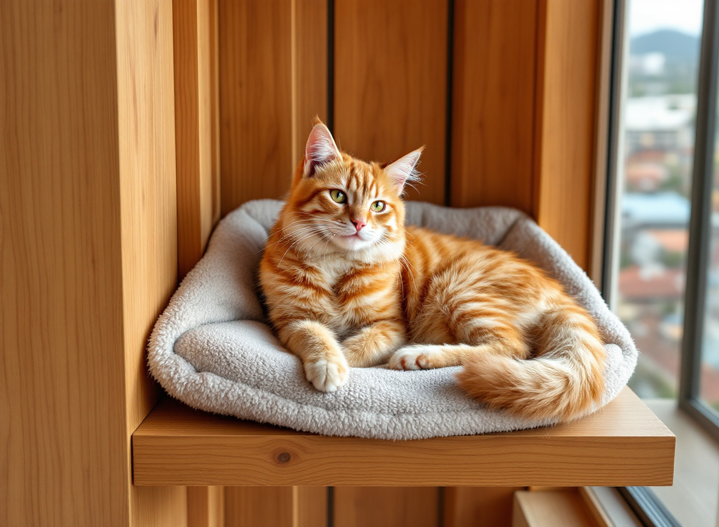 gato relaxado em plataforma de torre para gatos em ambiente residencial