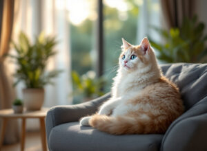 gato persa branco elegante em sala de estar com iluminação natural