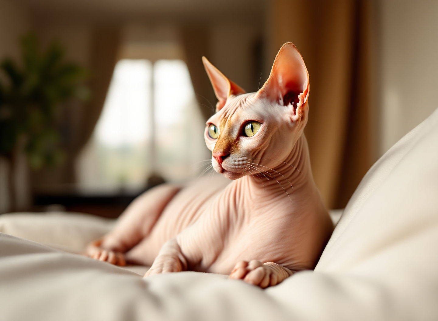 Gato sphynx sem pelos em ambiente aconchegante, mostrando características da raça