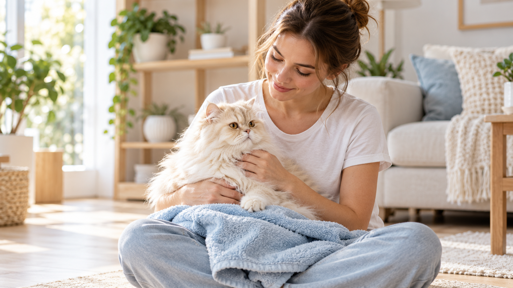 tutora fazendo higiene de gato persa em casa com cuidado e tranquilidade