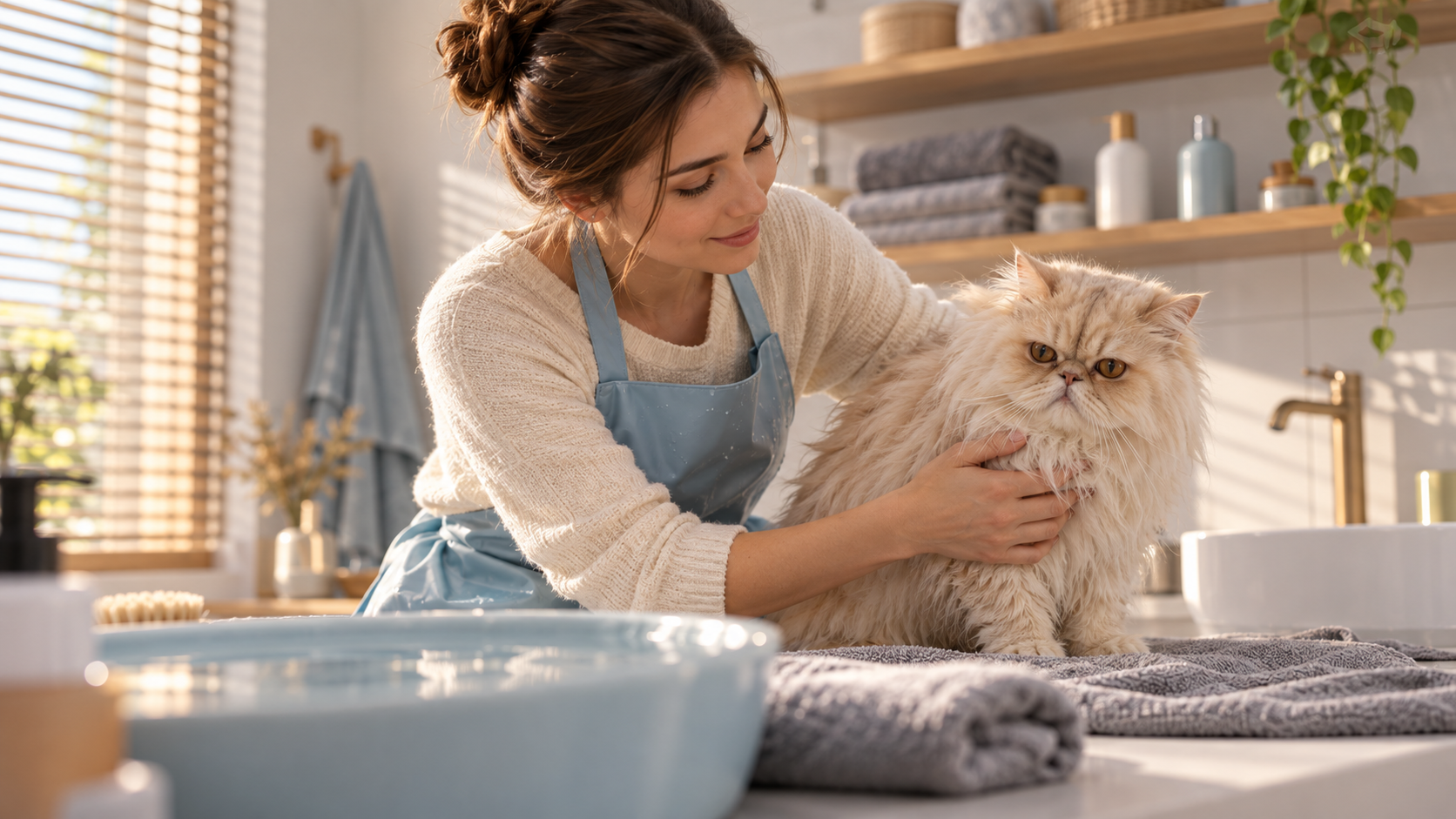 tutora dando banho em gato persa em banheiro doméstico com produtos pet adequados