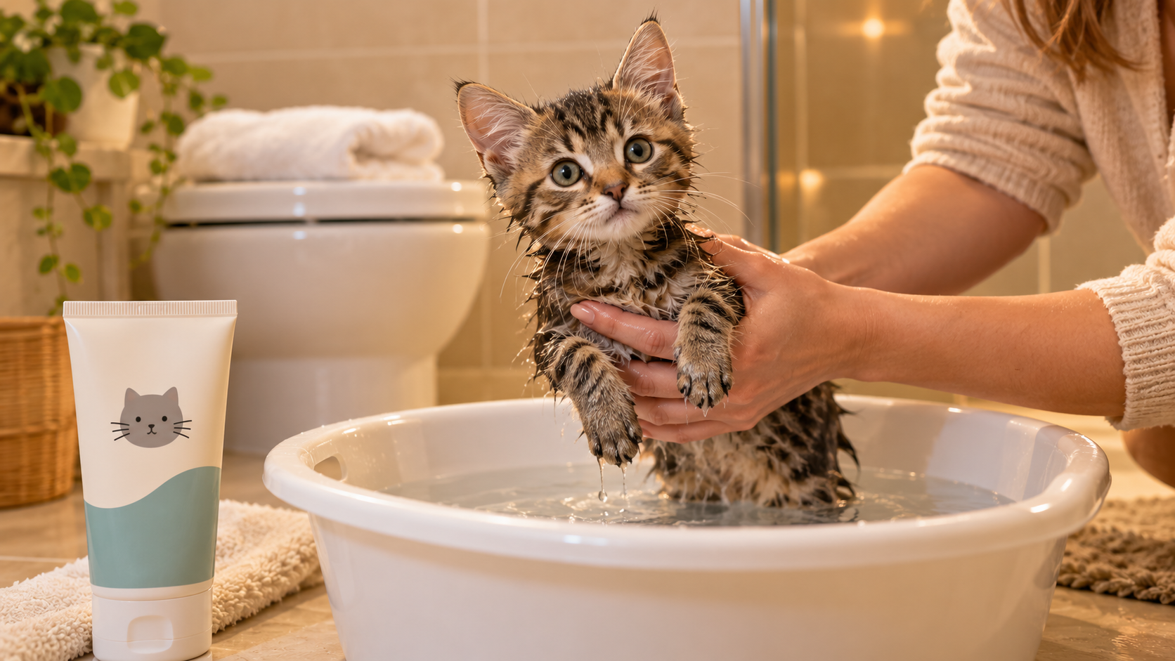 banho em gato filhote com água morna em bacia branca em ambiente doméstico