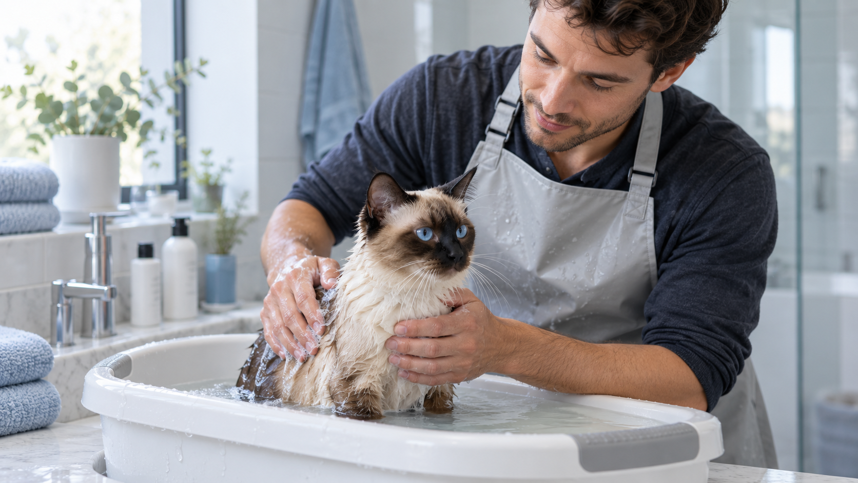homem dando banho em gato siamês em casa de forma segura e tranquila